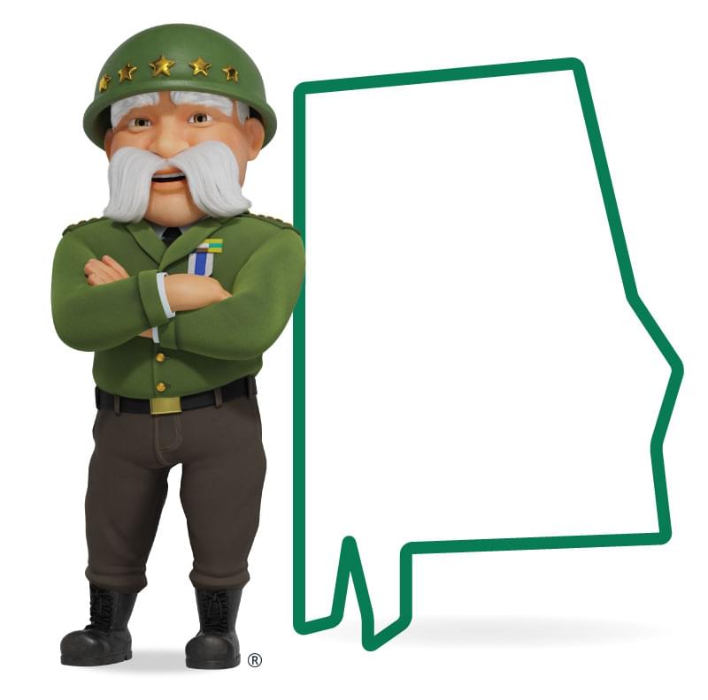 Graphic of The General standing in front of Alabama with his arms crossed and a smile. Get a quote for Alabama car insurance today!