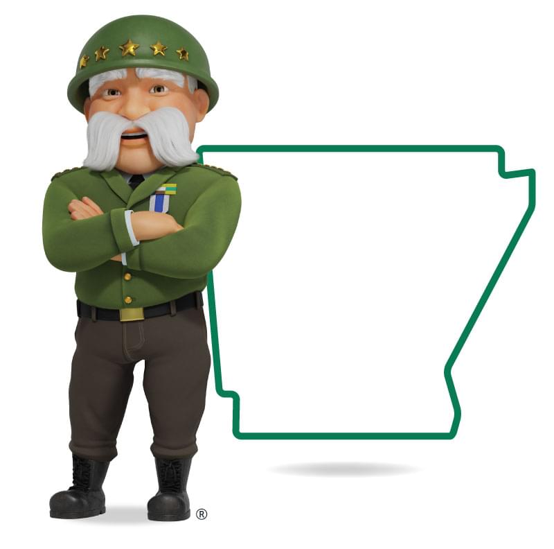 Graphic of The General standing in front of Arkansas with his arms crossed and a smile. Get a quote for Arkansas car insurance today!