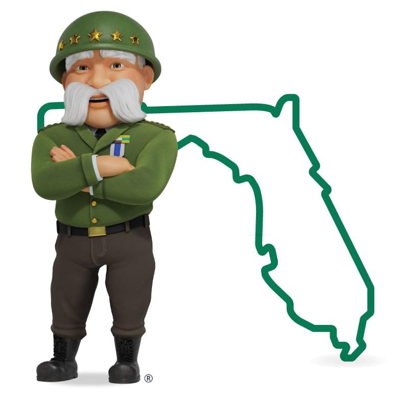 Graphic of The General standing in front of Florida with his arms crossed and a smile. Get a quote for Florida car insurance today!