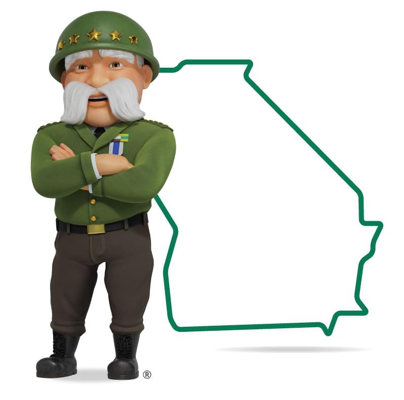 Graphic of The General standing in front of Georgia with his arms crossed and a smile. Get a quote for Georgia car insurance today!
