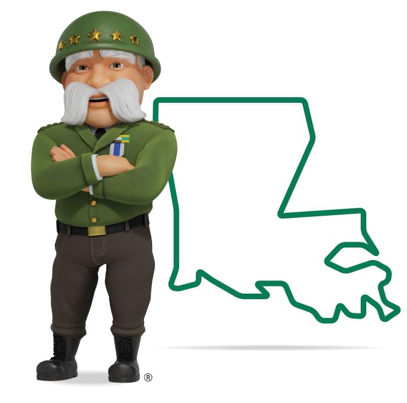 Graphic of The General standing in front of Louisiana with his arms crossed and a smile. Get a quote for Louisiana car insurance today!