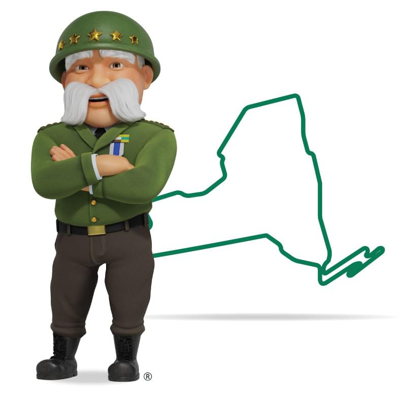 Graphic of The General standing in front of New York with his arms crossed and a smile. Get a quote for New York car insurance today!