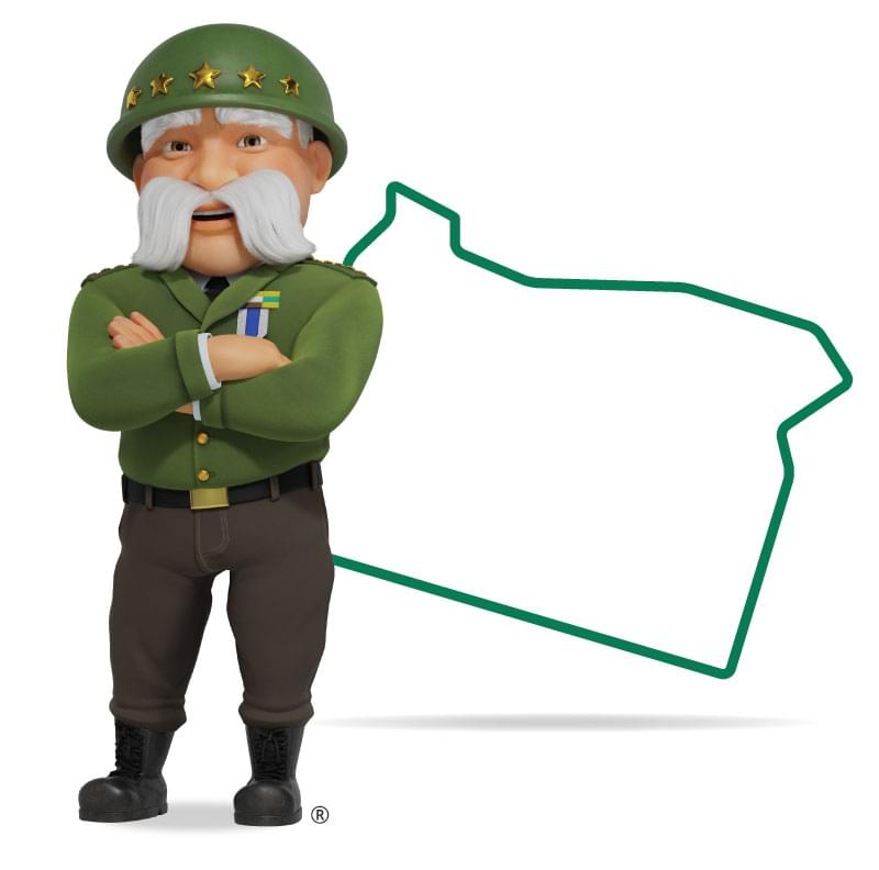 Graphic of The General standing in front of Oregon with his arms crossed and a smile. Get a quote for Oregon car insurance today!
