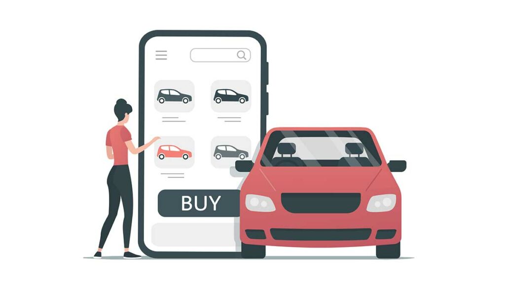 Graphic - woman, red car, mobile website on phone to buy a car online