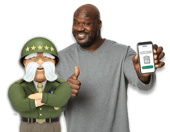 Shaq in grey shirt with phone app showing SR-22 Insurance filed and The General cross armed