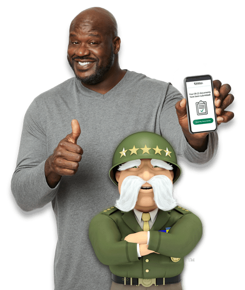 Shaq in grey shirt with phone app showing SR-22 Insurance filed and The General cross armed