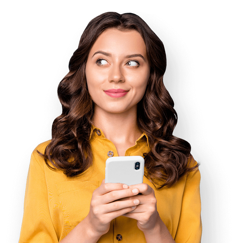 Curly haired girl smiling at phone with The General app showing