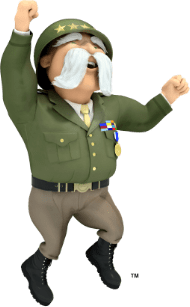 The General jumping for joy with a fist in the air