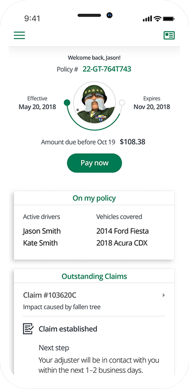 Screenshot of a phone showing The General Car Insurance app