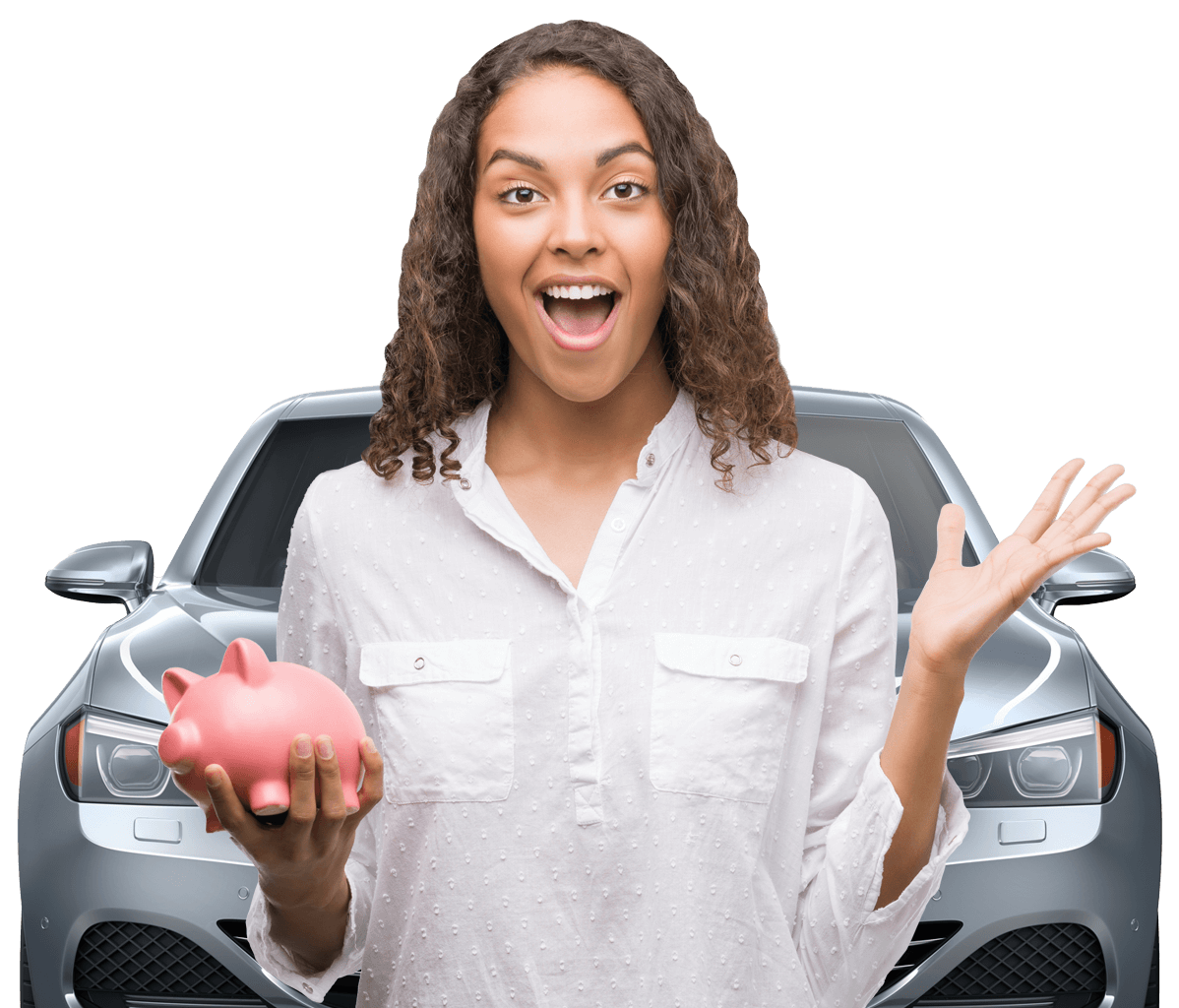 Cheap car insurance makes smiling young woman holding a piggy bank happy.