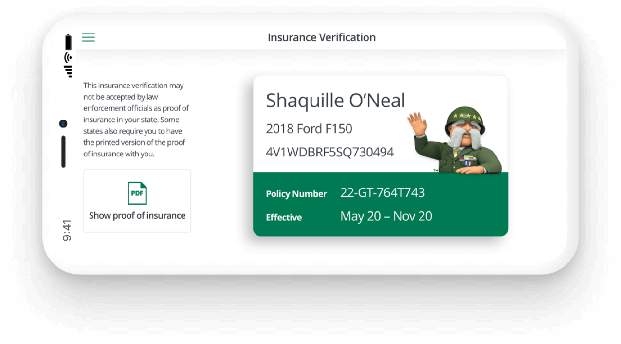 Cell phone showing proof of insuance from The General because you can get a free quote, pay online, and then get instant proof of insurance!