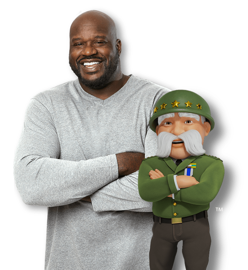 The General Car Insurance Homepage - Shaq and The General character smiling, waving. 