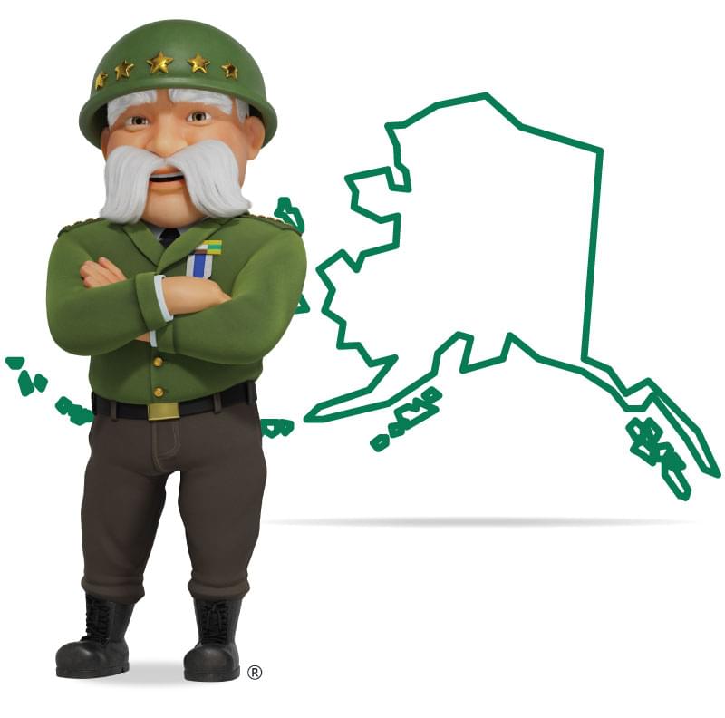 Graphic of The General standing in front of Alaska with his arms crossed and a smile. Get a quote for Alaska car insurance today!