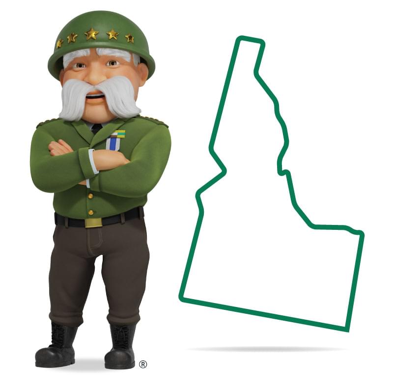 Graphic of The General standing in front of Idaho with his arms crossed and a smile. Get a quote for Idaho car insurance today!