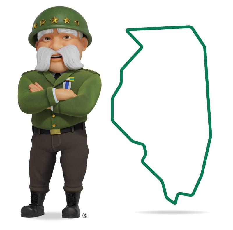 Graphic of The General standing in front of Illinois with his arms crossed and a smile. Get a quote for Illinois car insurance today!