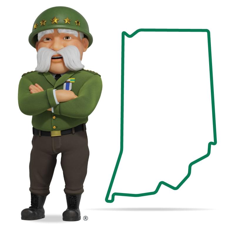 Graphic of The General standing in front of Indiana with his arms crossed and a smile. Get a quote for Indiana car insurance today!