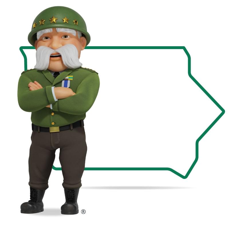 Graphic of The General standing in front of Iowa with his arms crossed and a smile. Get a quote for Iowa car insurance today!