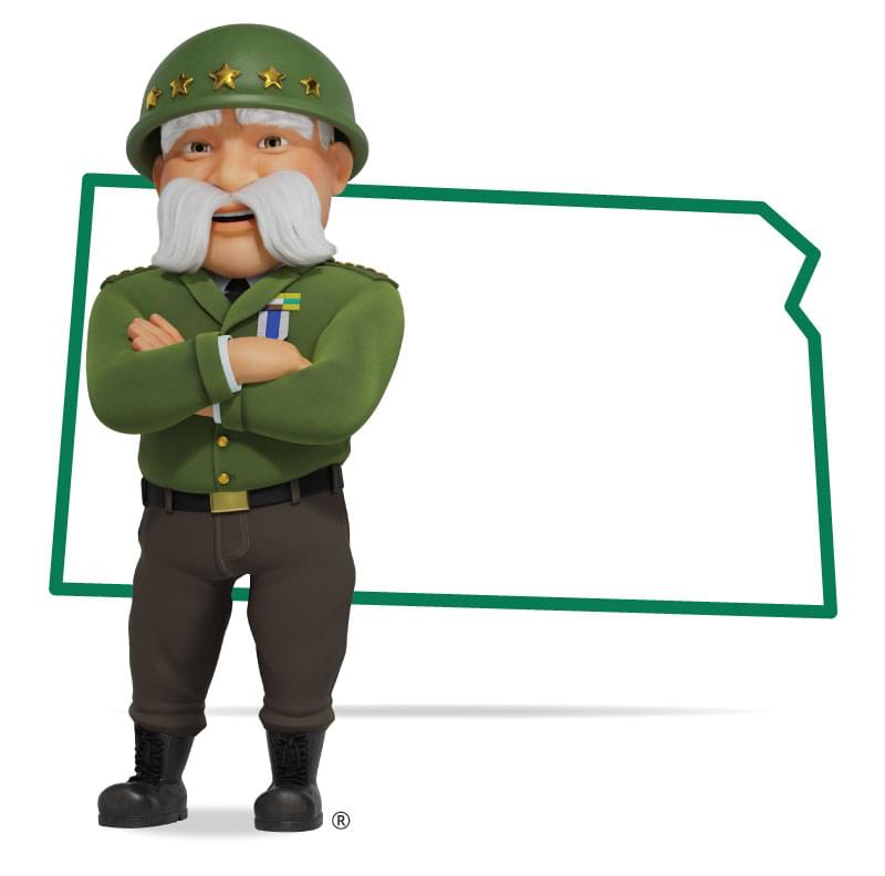 Graphic of The General standing in front of Kansas with his arms crossed and a smile. Get a quote for Kansas car insurance today!