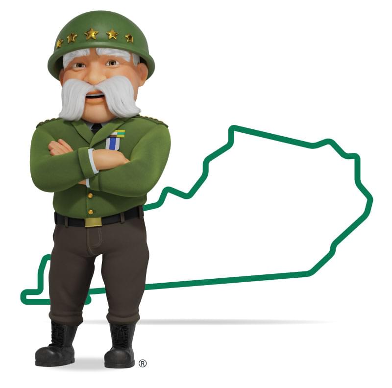 Graphic of The General standing in front of Kentucky with his arms crossed and a smile. Get a quote for Kentucky car insurance today!