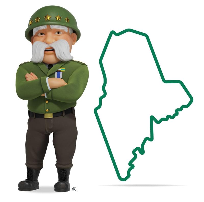 Graphic of The General standing in front of Maine with his arms crossed and a smile. Get a quote for Maine car insurance today!