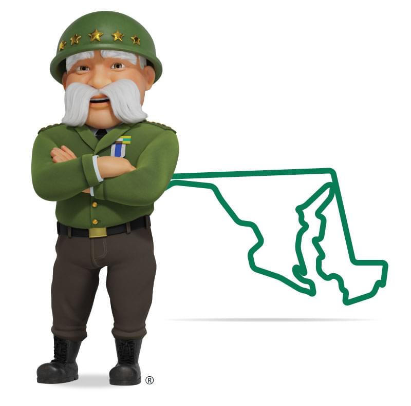 Graphic of The General standing in front of Maryland with his arms crossed and a smile. Get a quote for Maryland car insurance today!