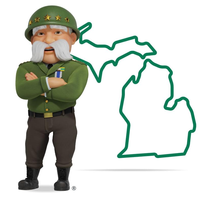 Graphic of The General standing in front of Michigan with his arms crossed and a smile. Get a quote for Michigan car insurance today!