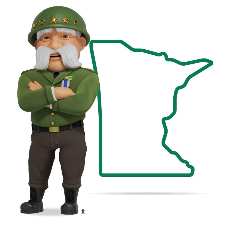 Graphic of The General standing in front of Minnesota with his arms crossed and a smile. Get a quote for Minnesota car insurance today!