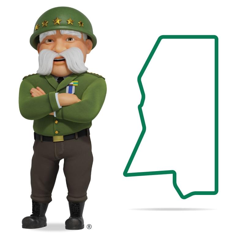 Graphic of The General standing in front of Mississippi with his arms crossed and a smile. Get a quote for Mississippi car insurance today!