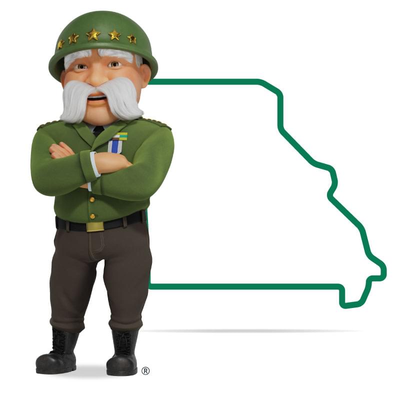 Graphic of The General standing in front of Missouri with his arms crossed and a smile. Get a quote for Missouri car insurance today!