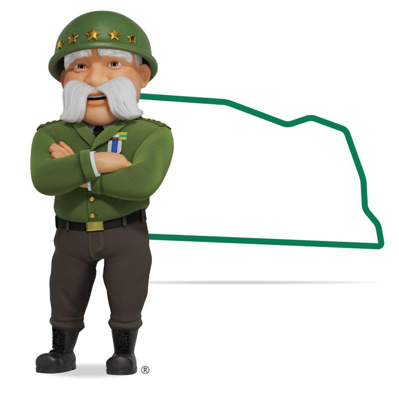 Graphic of The General standing in front of Nebraska with his arms crossed and a smile. Get a quote for Nebraska car insurance today!