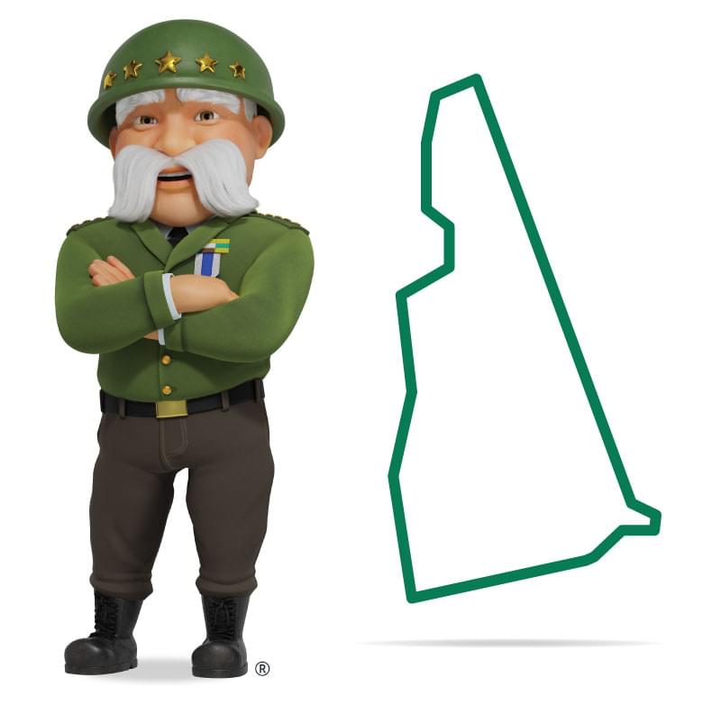 Graphic of The General standing in front of New Hampshire with his arms crossed and a smile. Get a quote for New Hampshire car insurance today!