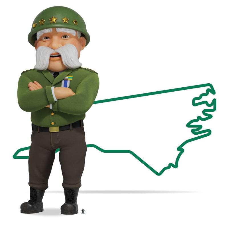 Graphic of The General standing in front of North Carolina with his arms crossed and a smile. Get a quote for North Carolina car insurance today!