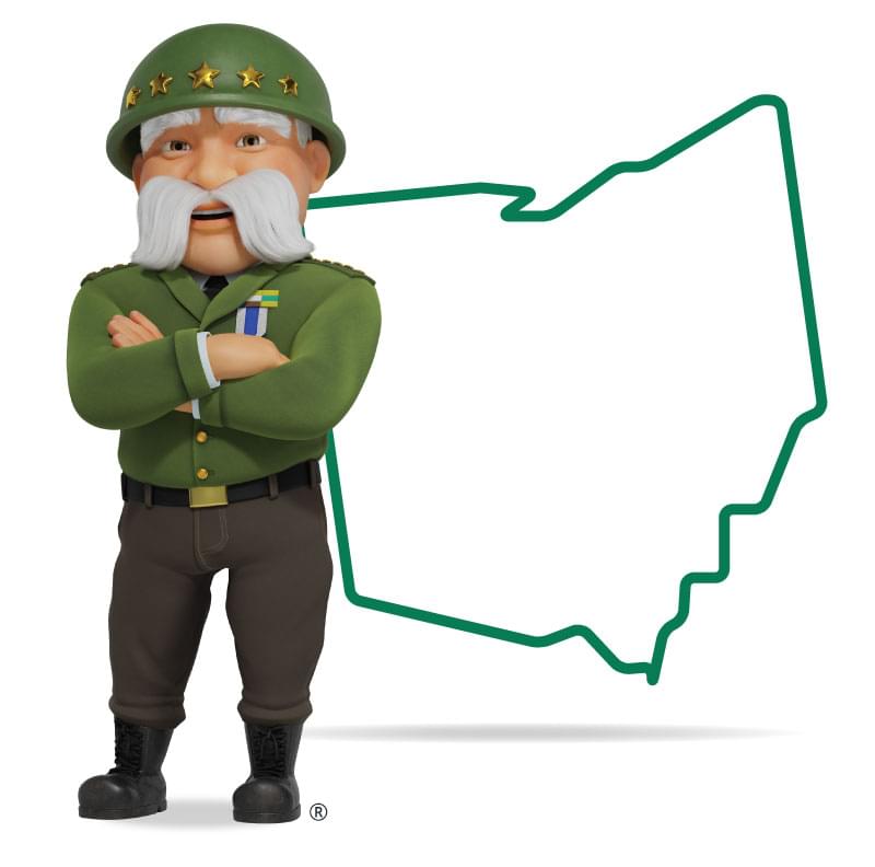 Graphic of The General standing in front of Ohio with his arms crossed and a smile. Get a quote for Ohio car insurance today!