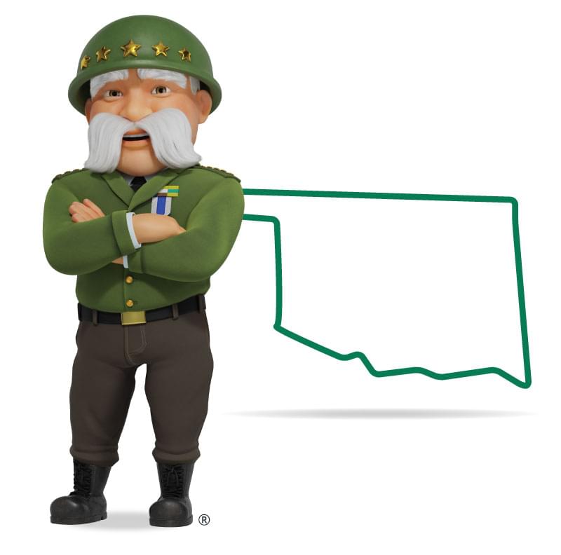 Graphic of The General standing in front of Oklahoma with his arms crossed and a smile. Get a quote for Oklahoma car insurance today!