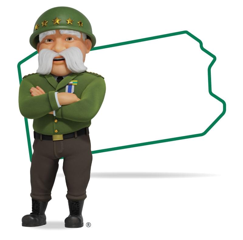 Graphic of The General standing in front of Pennsylvania with his arms crossed and a smile. Get a quote for Pennsylvania car insurance today!