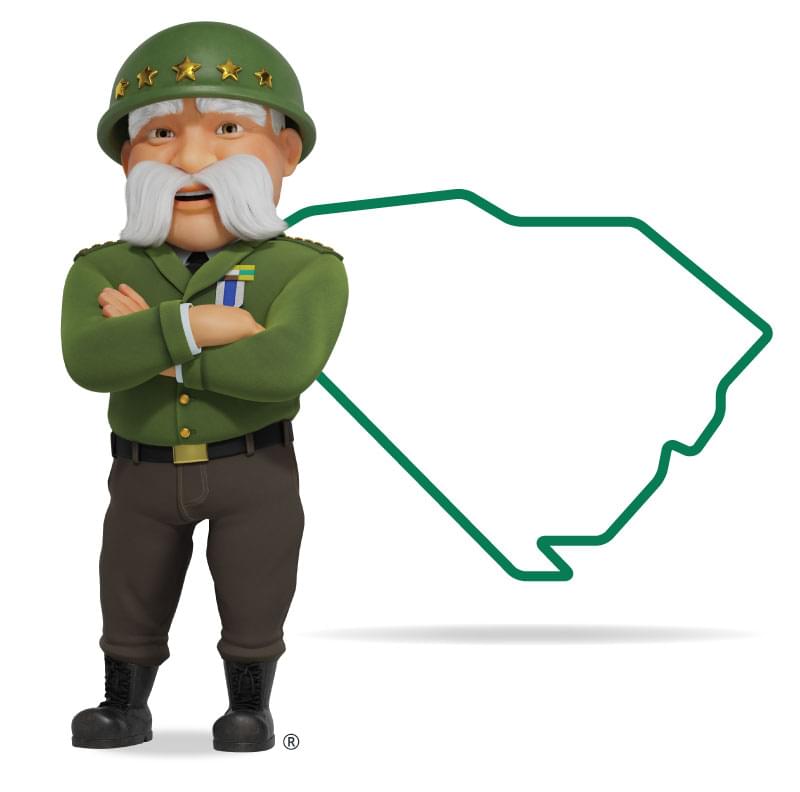 Graphic of The General standing in front of South Carolina with his arms crossed and a smile. Get a quote for South Carolina car insurance today!