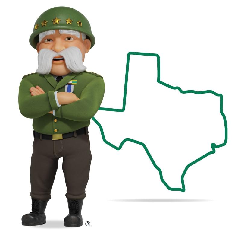 Graphic of The General standing in front of Texas with his arms crossed and a smile. Get a quote for Texas car insurance today!