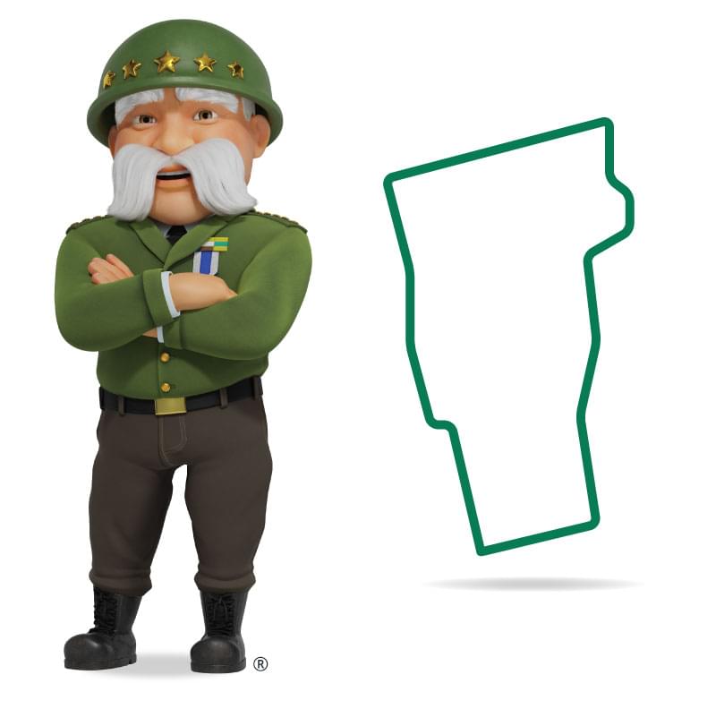 Graphic of The General standing in front of Vermont with his arms crossed and a smile. Get a quote for Vermont car insurance today!