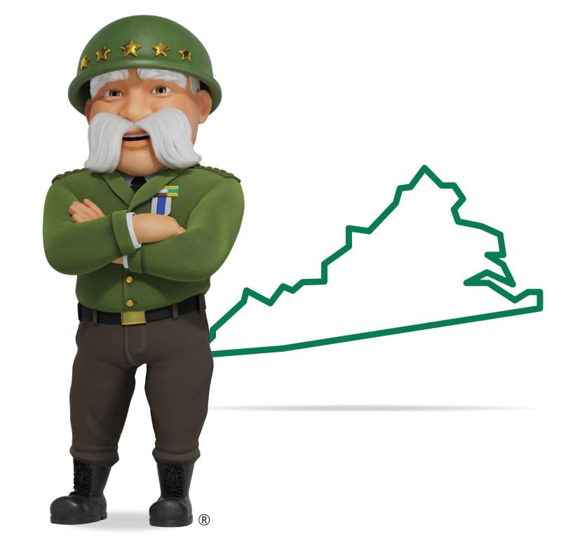 Graphic of The General standing in front of Virginia with his arms crossed and a smile. Get a quote for Virginia car insurance today!