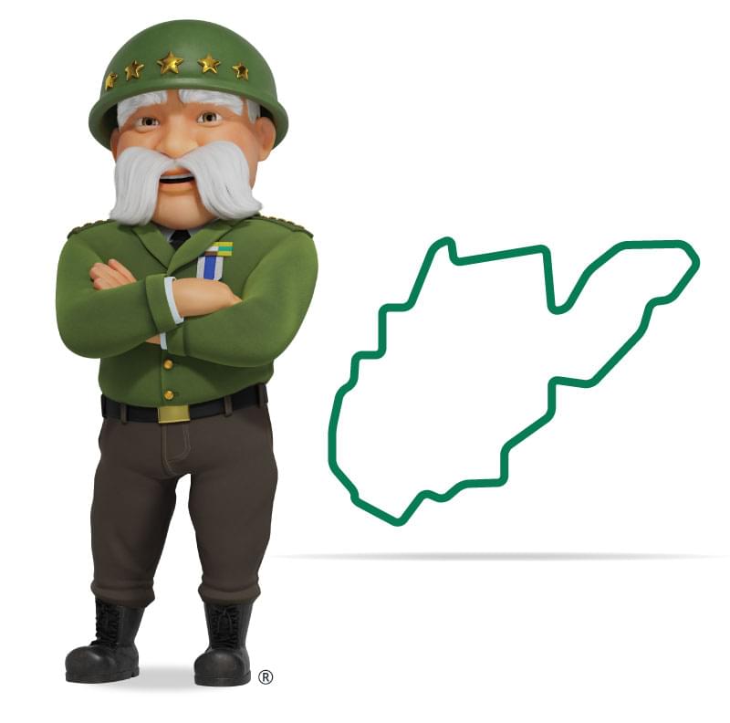 Graphic of The General standing in front of West Virginia with his arms crossed and a smile. Get a quote for West Virginia car insurance today!