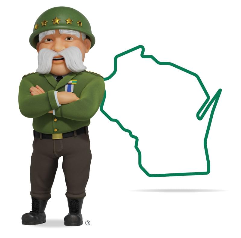 Graphic of The General standing in front of Wisconsin with his arms crossed and a smile. Get a quote for Wisconsin car insurance today!