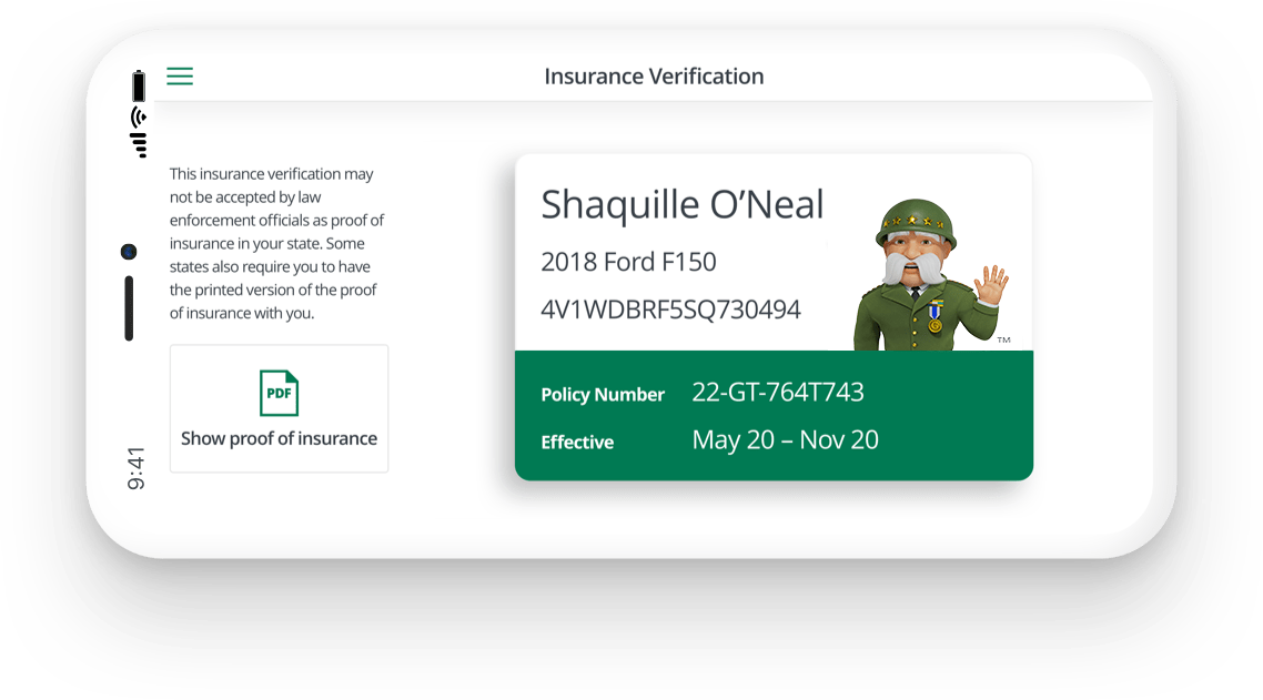 Cell phone showing proof of insuance from The General because you can get a free quote, pay online, and then get instant proof of insurance!