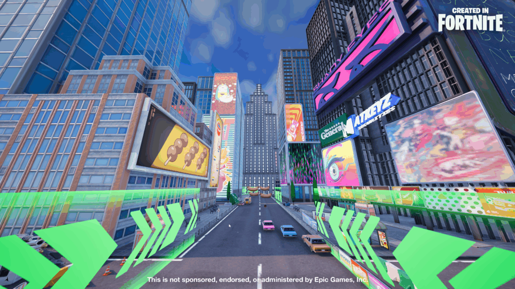 Neon-lit city street course in Road Test Royale Fortnite experience