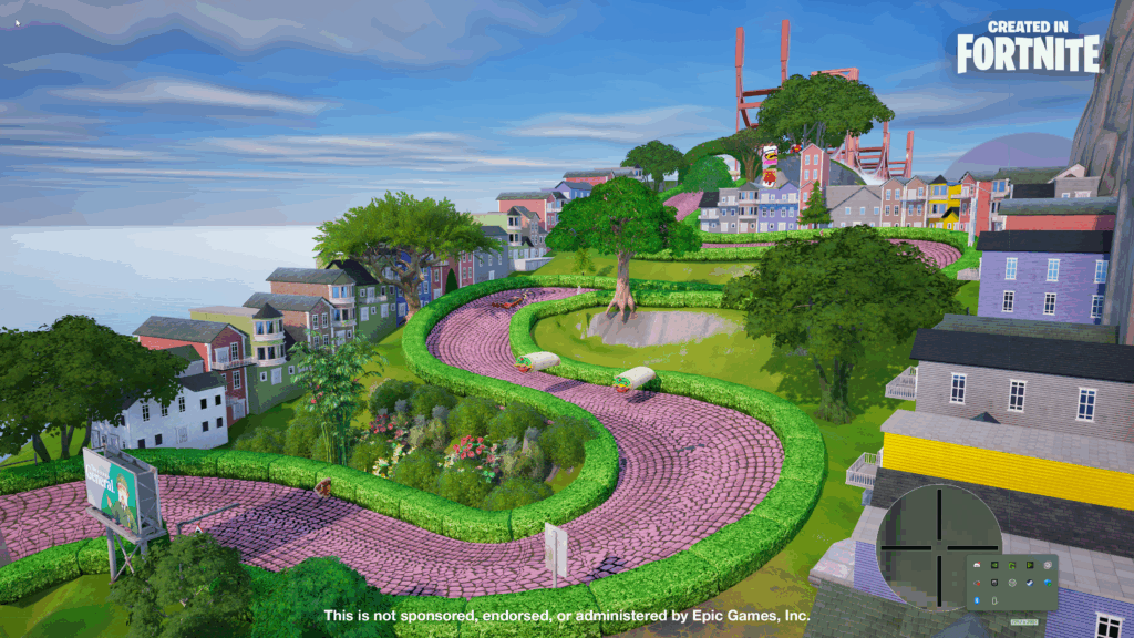 Fortnite Road Test Royale map featuring curved streets and scenic houses
