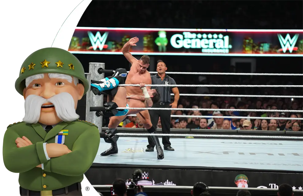 The cartoon avatar of the The General in uniform standing in front of a WWE wrestling ring.