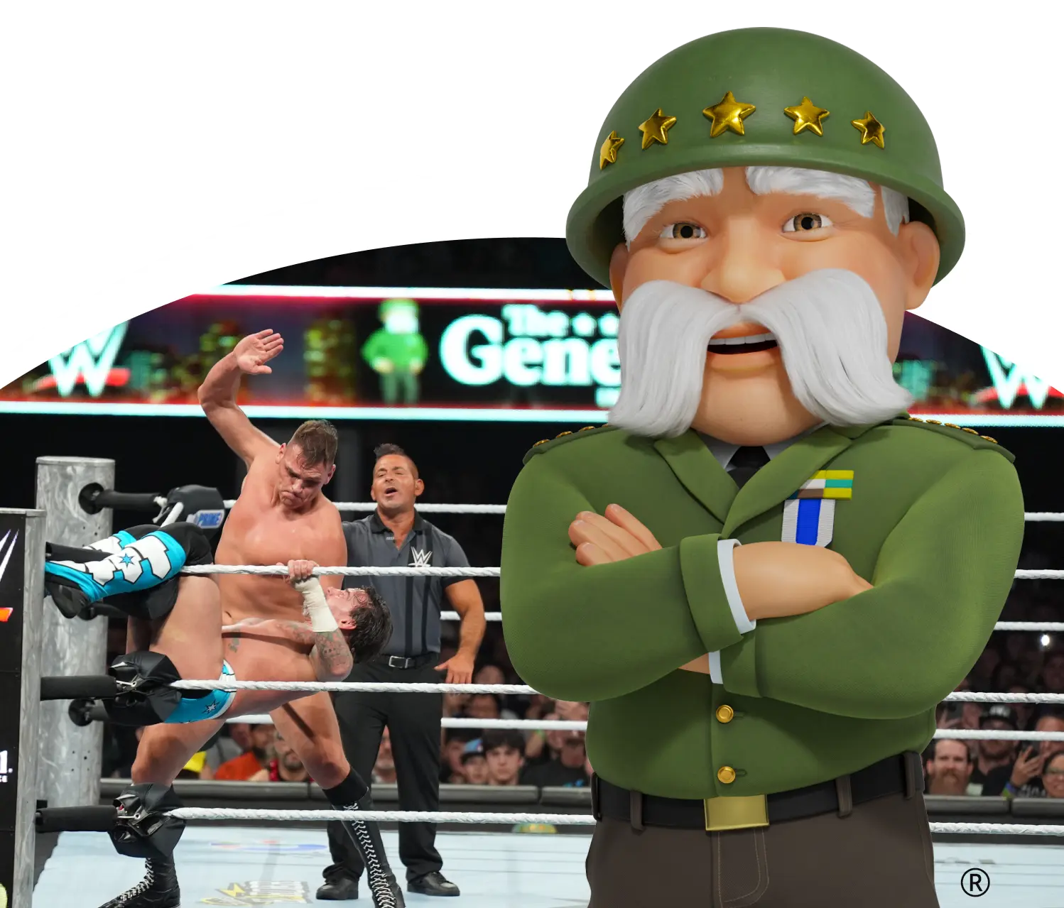 The cartoon avatar of the The General in uniform standing in front of a WWE wrestling ring.